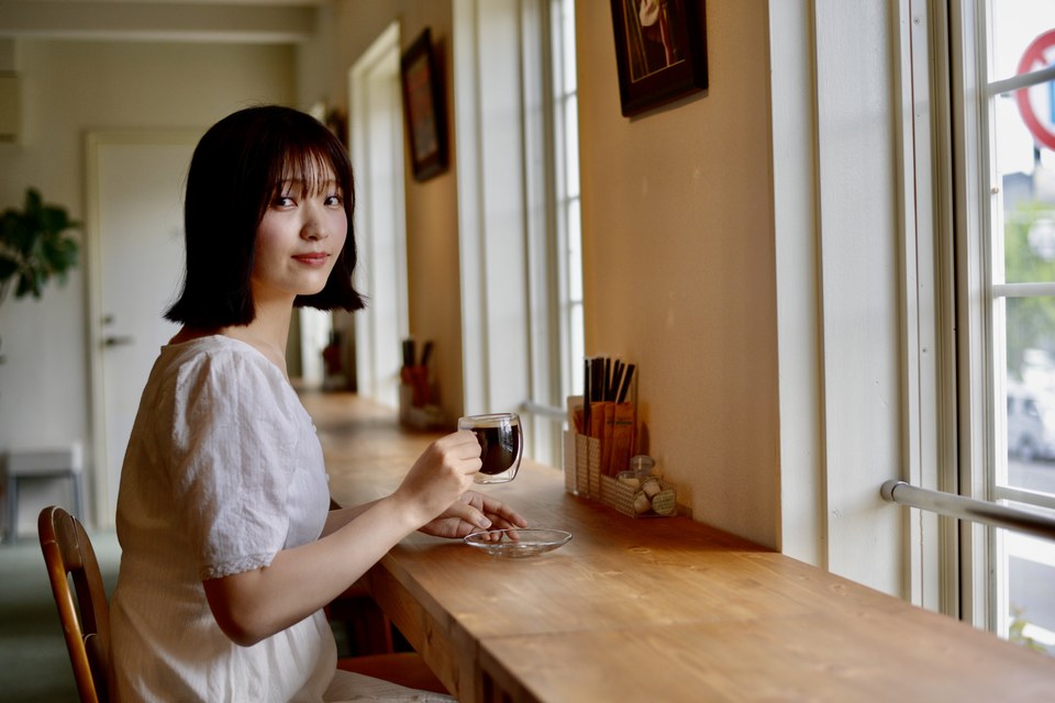 Enjoying coffee at the café